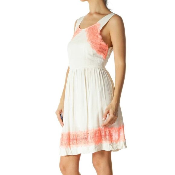 Free People Dresses & Skirts - Free People Cream Bright Orange Round Neck Knit Lace Trim Day Dress NWOT
